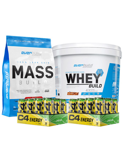 STORES ONLY Whey Protein Build 2.0 + Mass Build Gainer + 24 C4 Explosive Energy Drink